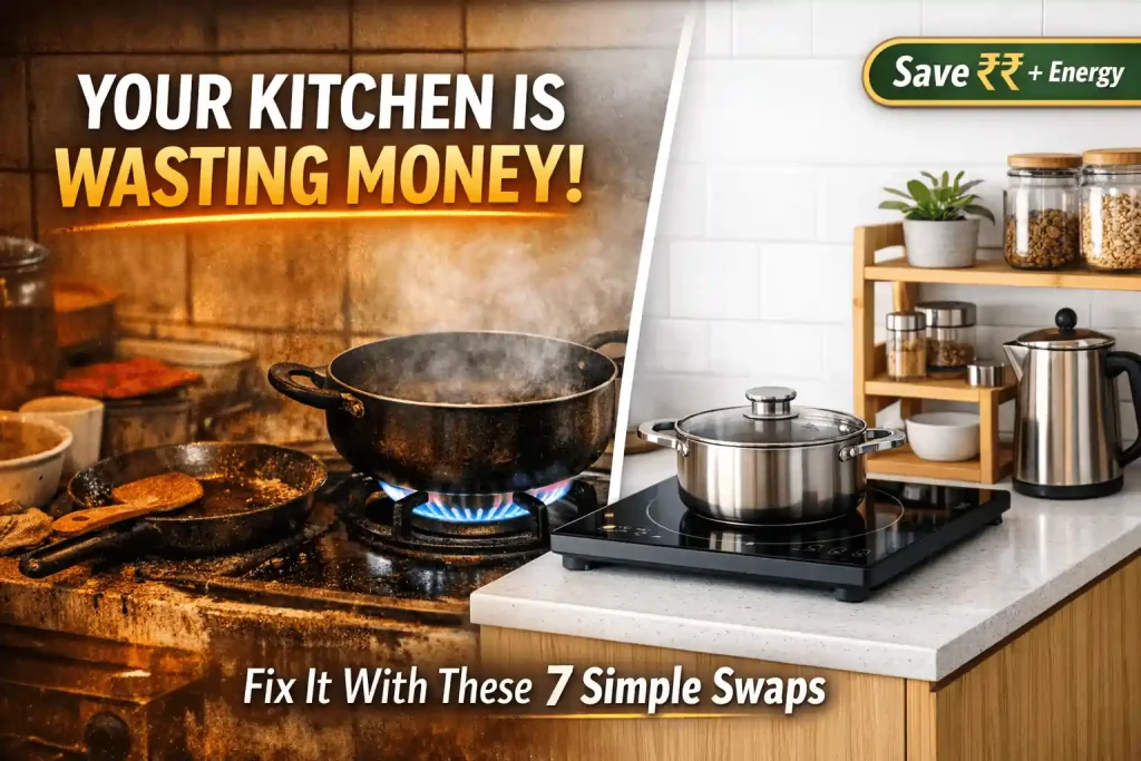 eco friendly kitchen appliances showing gas stove vs induction cooktop energy saving kitchen setup