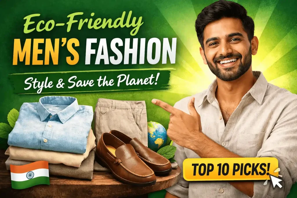Eco friendly men's clothing India thumbnail featuring man in linen shirt with sustainable fashion outfits and text Top 10 Picks